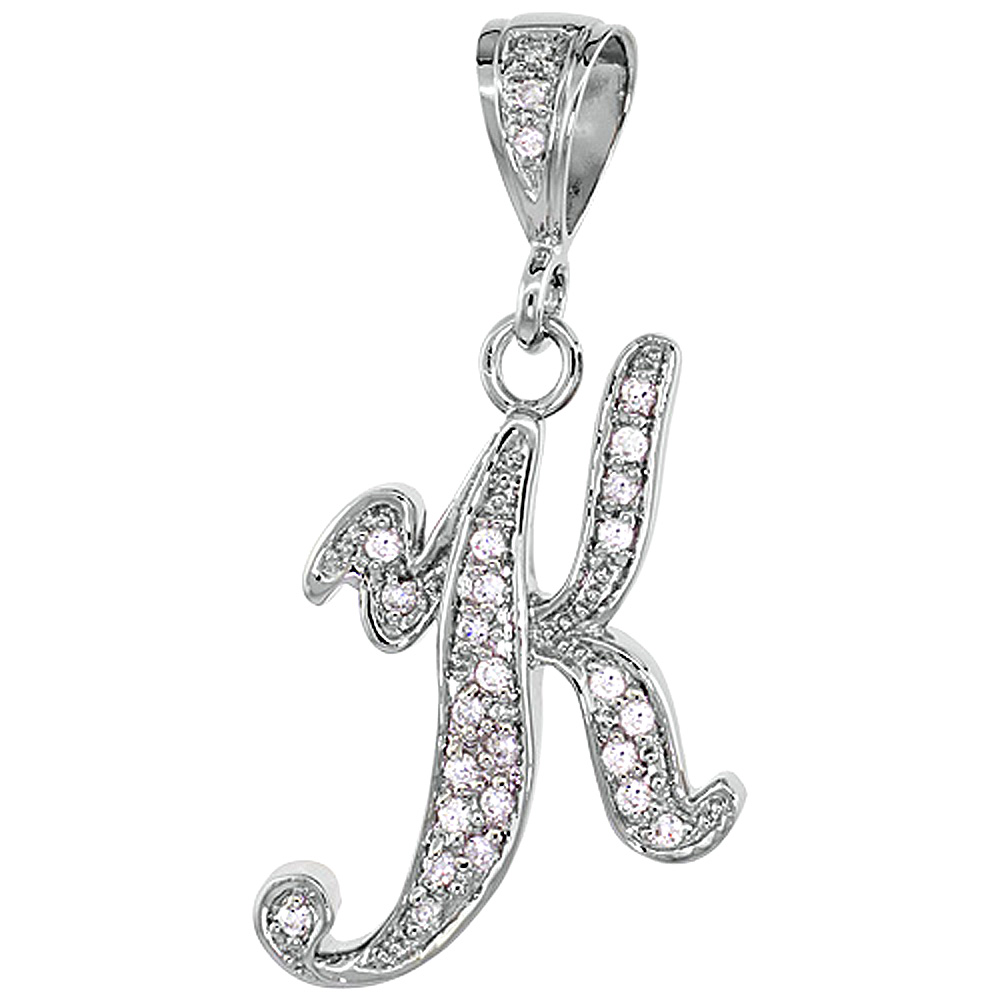 Sterling Silver Large Script Initial Letter K Pendant w/ Cubic Zirconia Stones 1 1/2 inch high