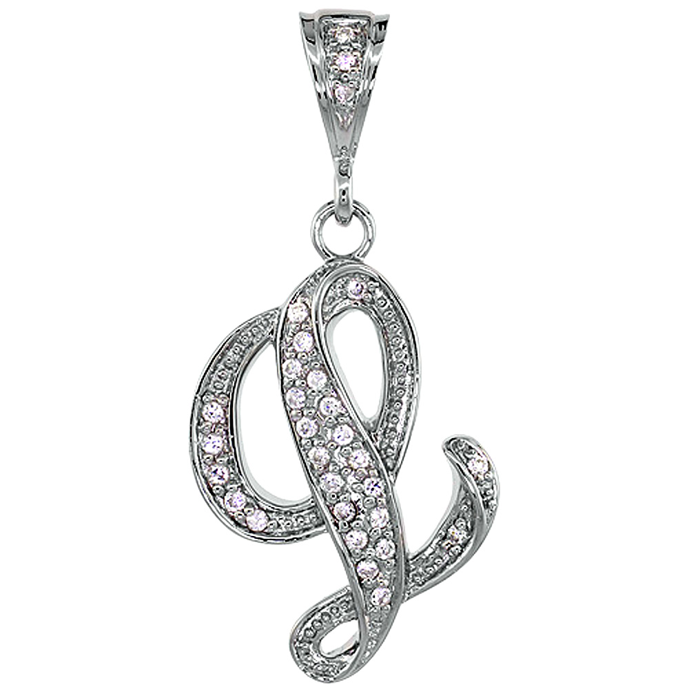 Sterling Silver Large Script Initial Letter L Pendant w/ Cubic Zirconia Stones 1 1/2 inch high