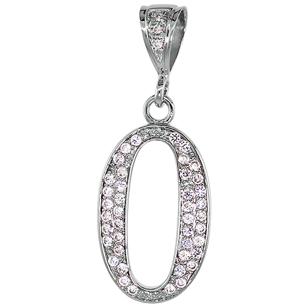 Sterling Silver Large Script Initial Letter O Pendant w/ Cubic Zirconia Stones 1 1/2 inch high