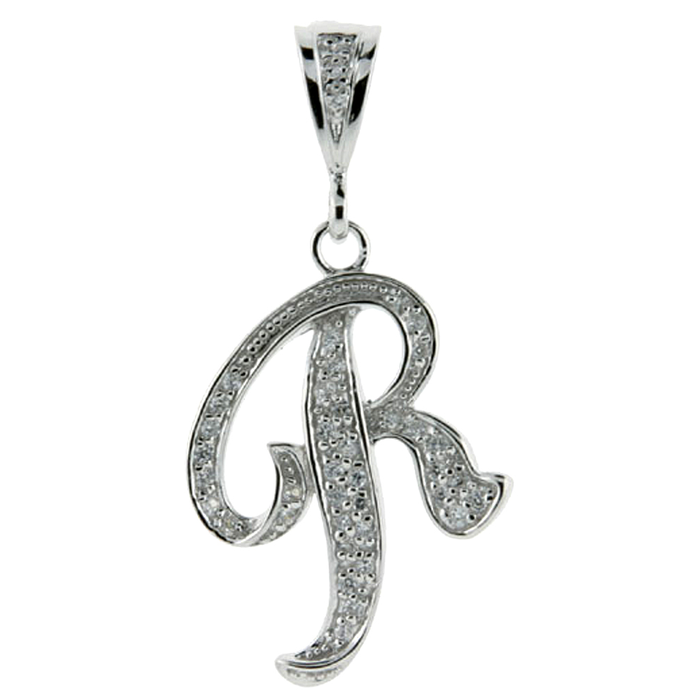 Sterling Silver Large Script Initial Letter R Pendant w/ Cubic Zirconia Stones 1 1/2 inch high