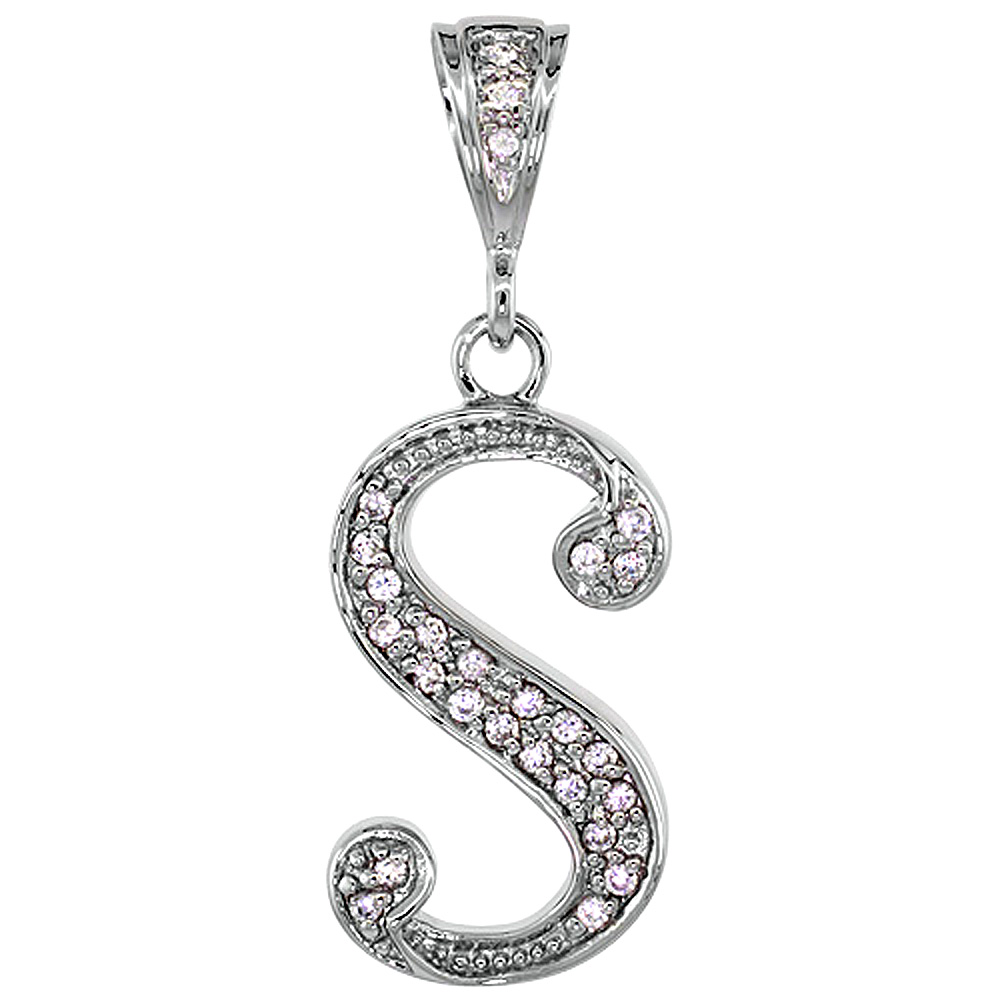 Sterling Silver Large Script Initial Letter S Pendant w/ Cubic Zirconia Stones 1 1/2 inch high