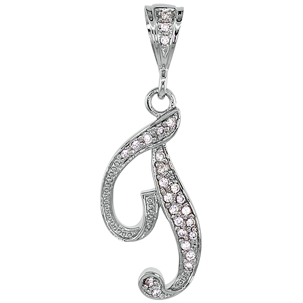 Sterling Silver Large Script Initial Letter T Pendant w/ Cubic Zirconia Stones 1 1/2 inch high