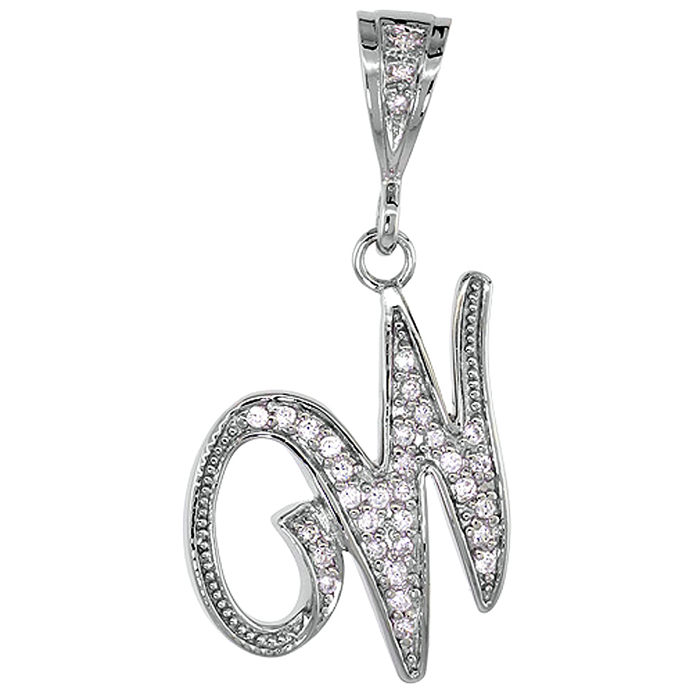 Sterling Silver Large Script Initial Letter W Pendant w/ Cubic Zirconia Stones 1 1/2 inch high