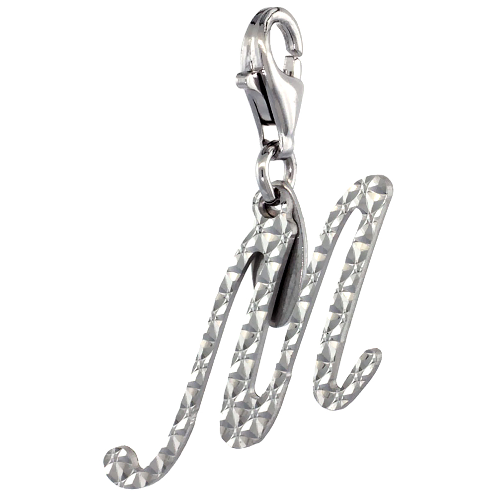 Sterling Silver Alphabet Pendant Script Initial M Charm with Lobster Clasp Diamond Cut Women Italy 3/4 inch