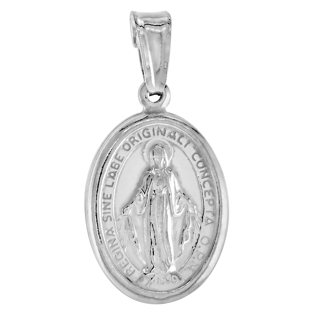 Sterling Silver Miraculous Medal Necklace Oval Virgin Mary Hollow Italy 11/16 inch