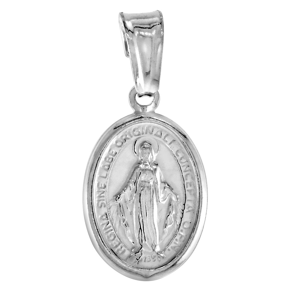 Sterling Silver Miraculous Medal Necklace Oval Virgin Mary Hollow Italy 9/16 inch