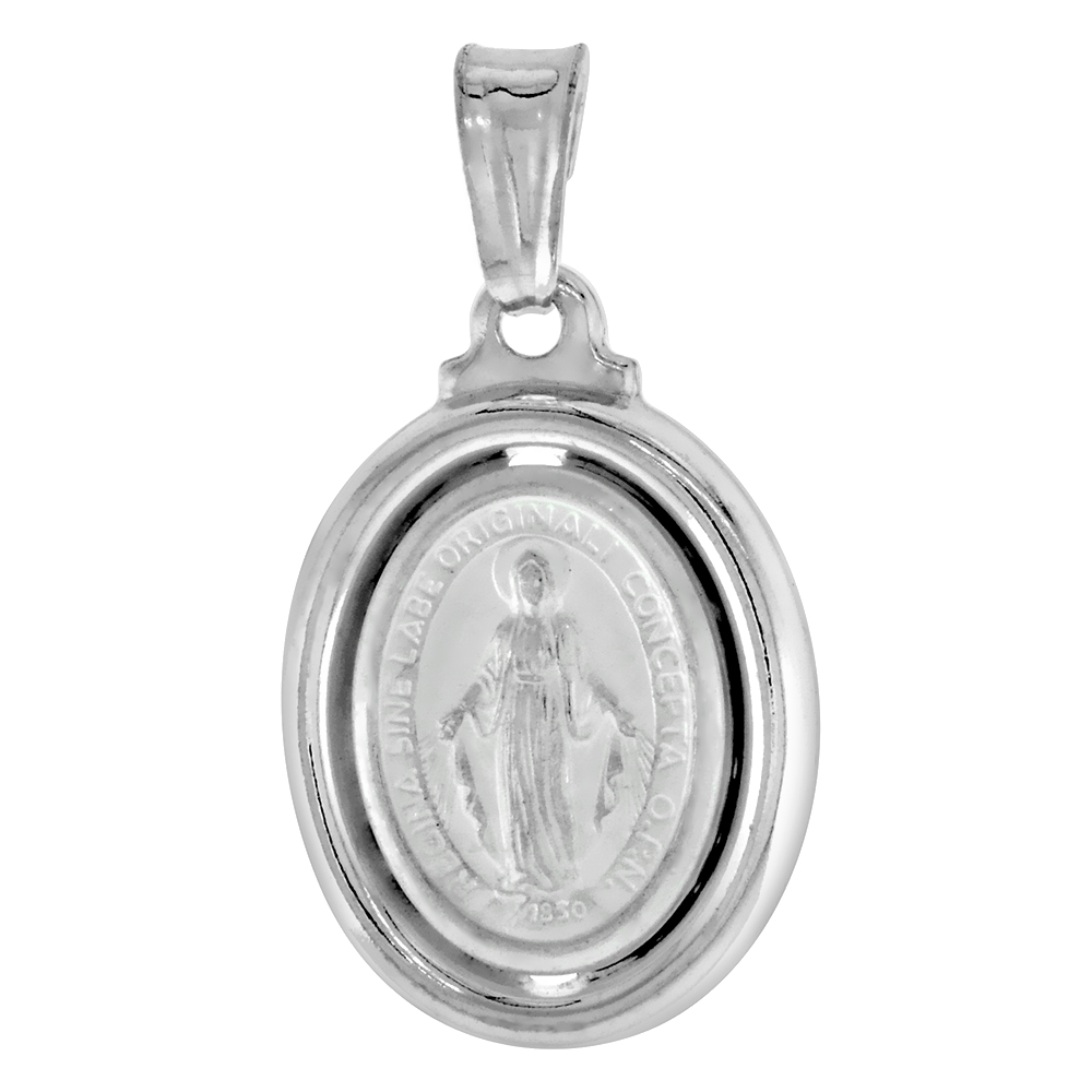 Sterling Silver Miraculous Medal Necklace Oval Virgin Mary Hollow Italy 3/4 inch