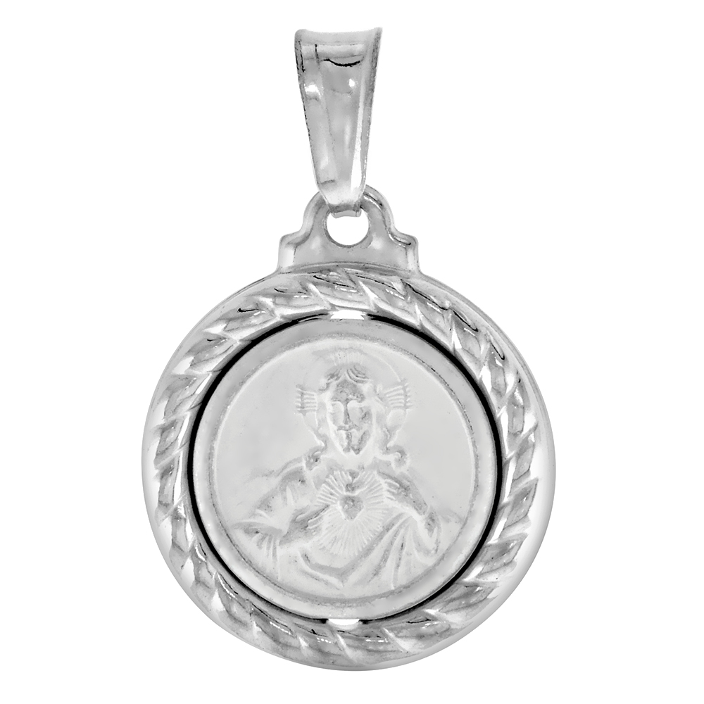 Sterling Silver Sacred Heart of Jesus Medal Hollow Italy 5/8 inch (17 mm) in Diameter.