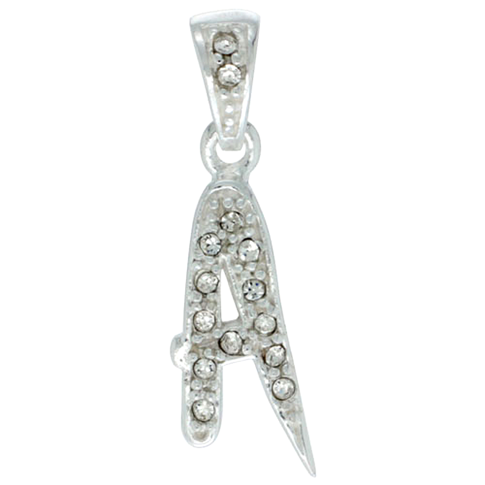 Sterling Silver Fancy Block Initial Letter A Pendant with Crystals 3/4 inch