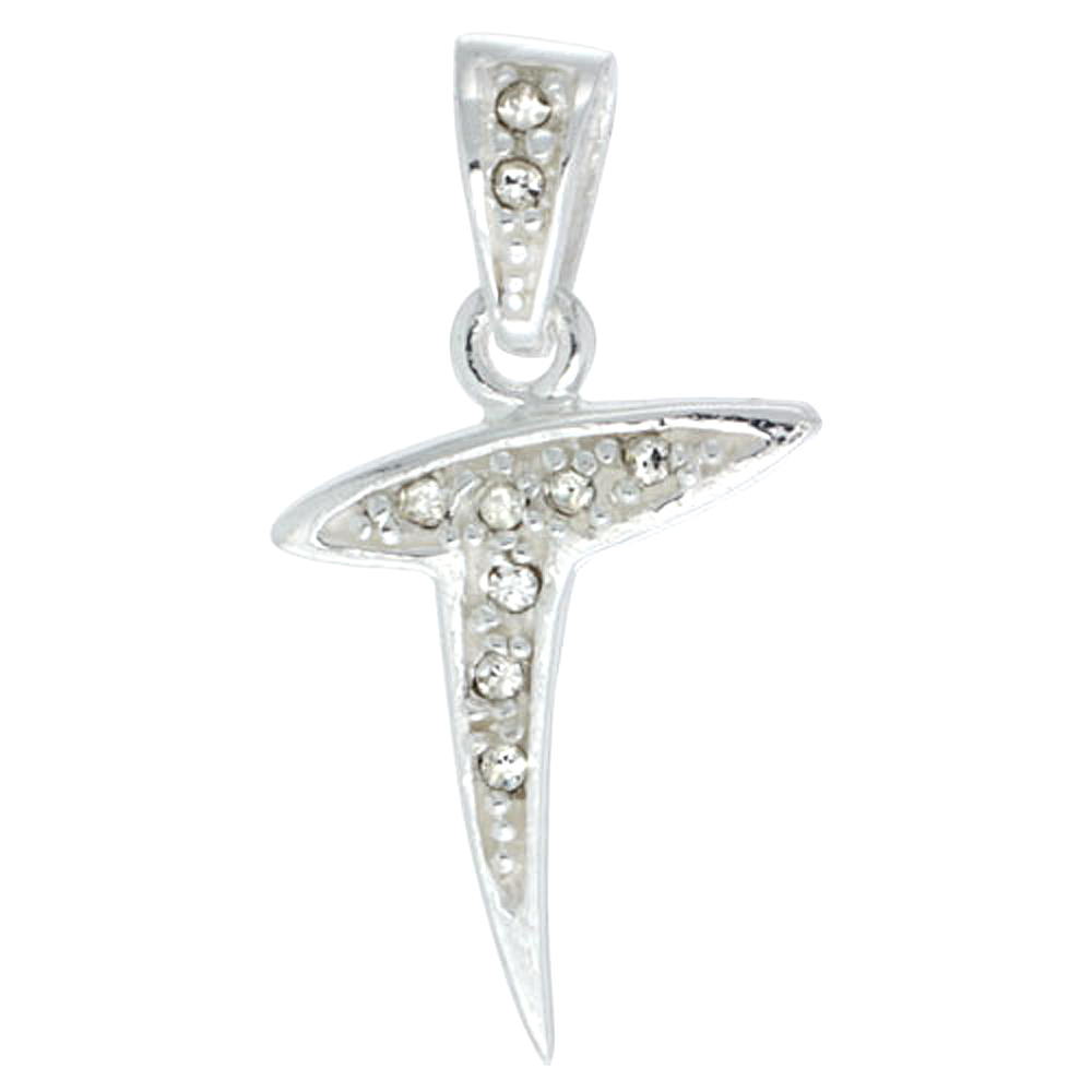 Sterling Silver Fancy Block Initial Letter T Pendant with Crystals 3/4 inch