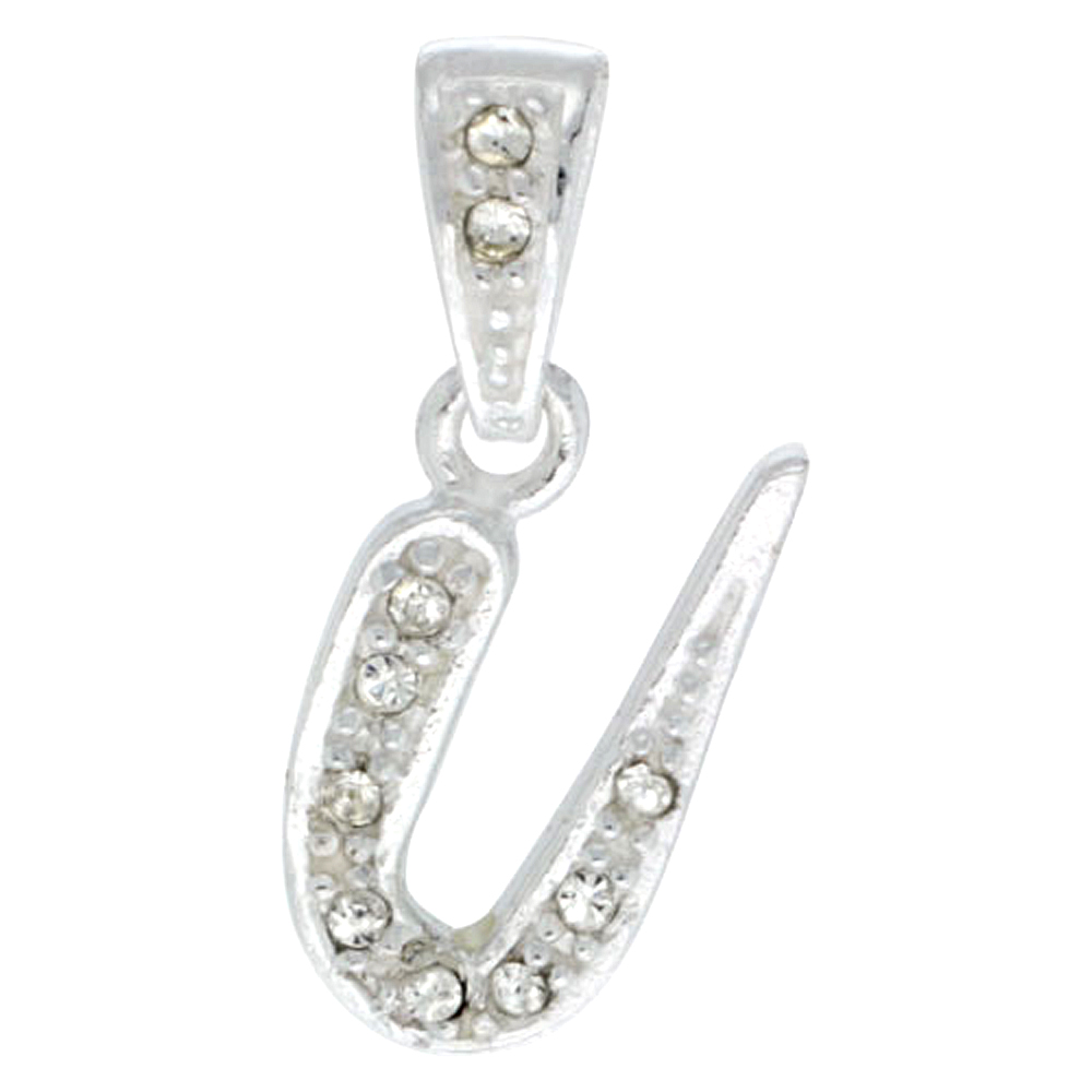 Sterling Silver Fancy Block Initial Letter U Pendant with Crystals 3/4 inch