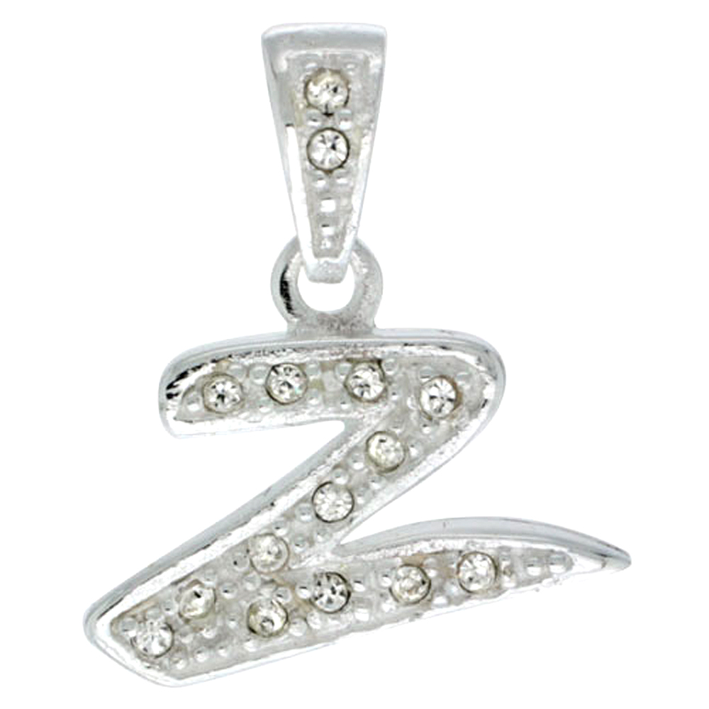 Sterling Silver Fancy Block Initial Letter Z Pendant with Crystals 3/4 inch