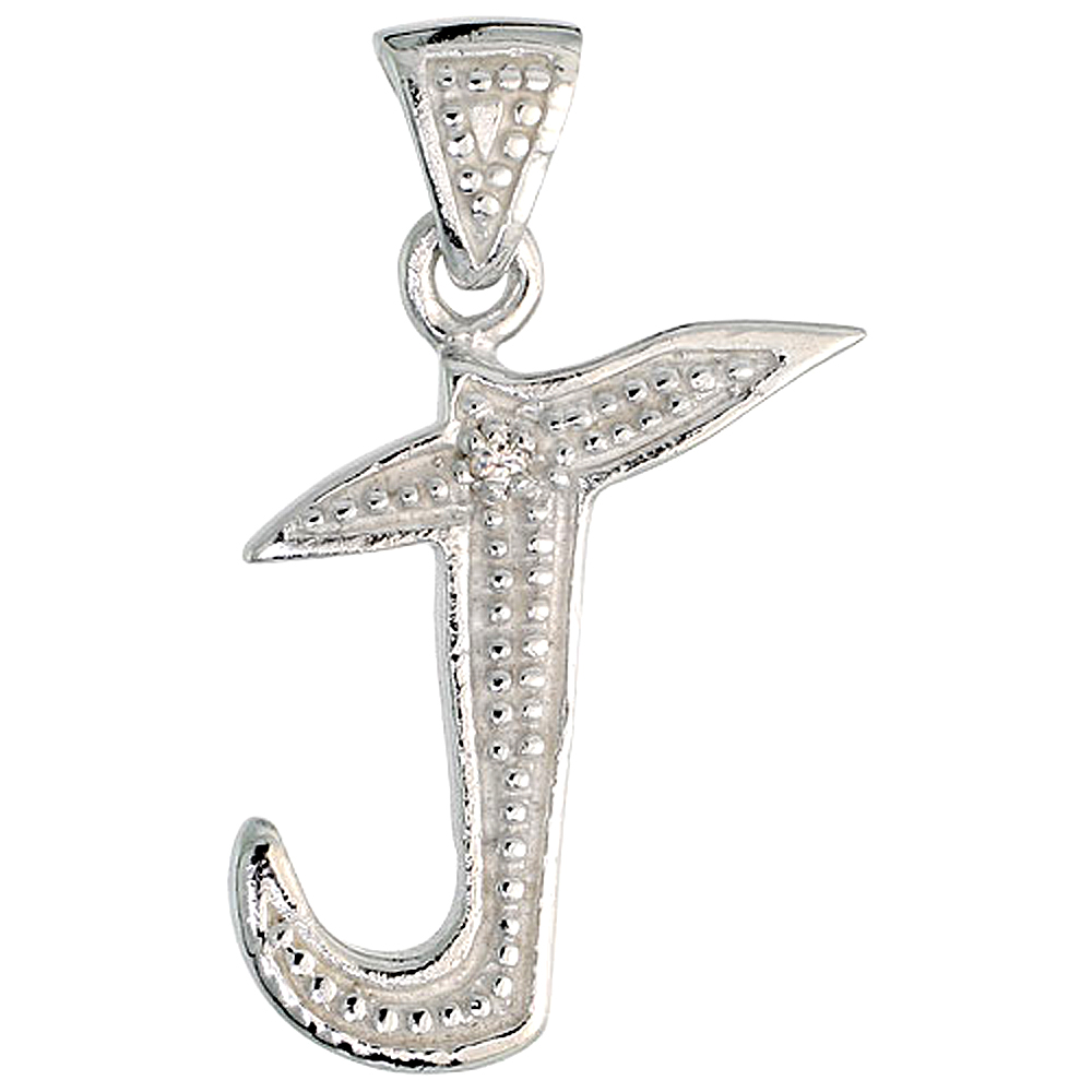 Sterling Silver Fancy Initial Letter J Initial Pendant CZ Stone 3/4 inch high