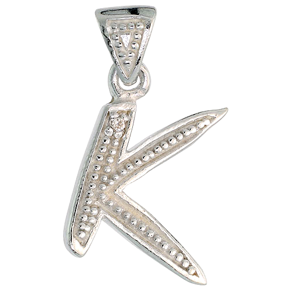 Sterling Silver Fancy Initial Letter K Initial Pendant CZ Stone 3/4 inch high