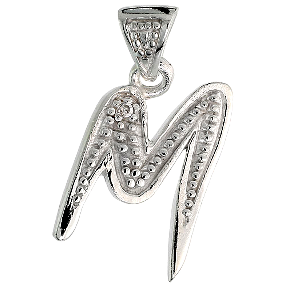 Sterling Silver Fancy Initial Letter M Initial Pendant CZ Stone 3/4 inch high