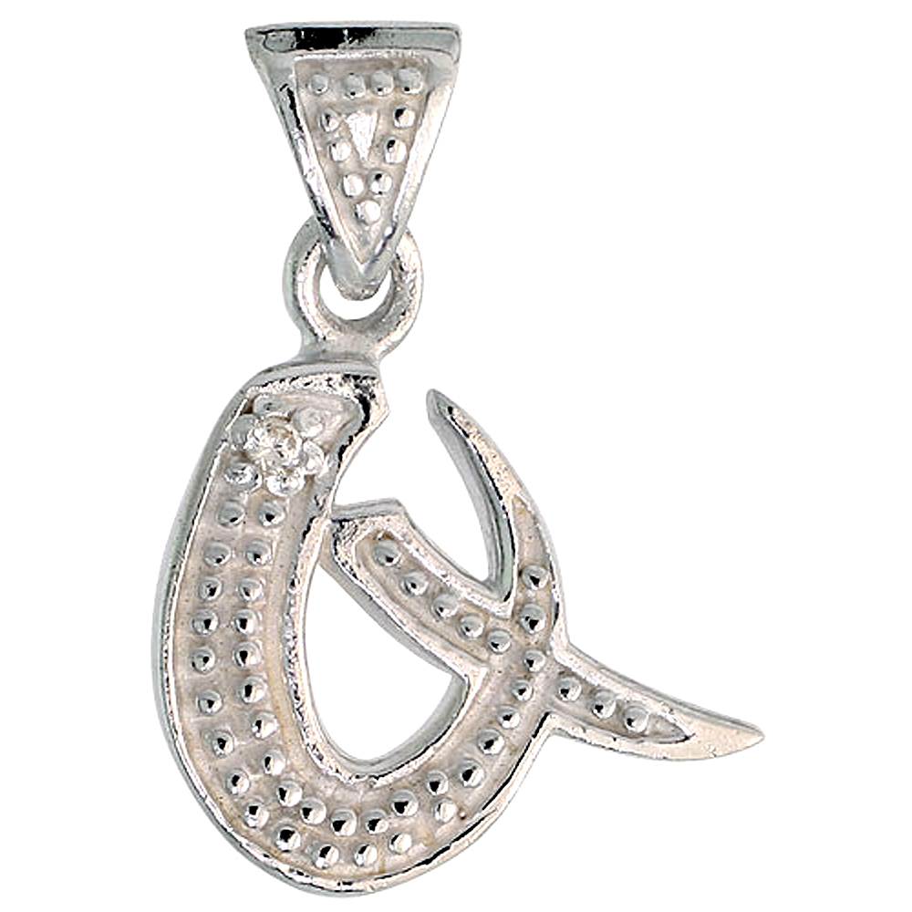 Sterling Silver Fancy Initial Letter Q Initial Pendant CZ Stone 3/4 inch high