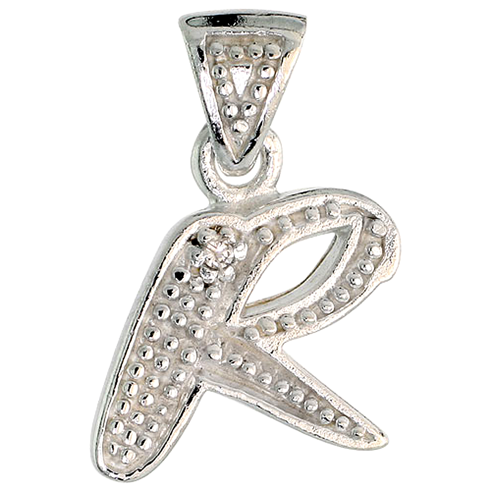 Sterling Silver Fancy Initial Letter R Initial Pendant CZ Stone 3/4 inch high