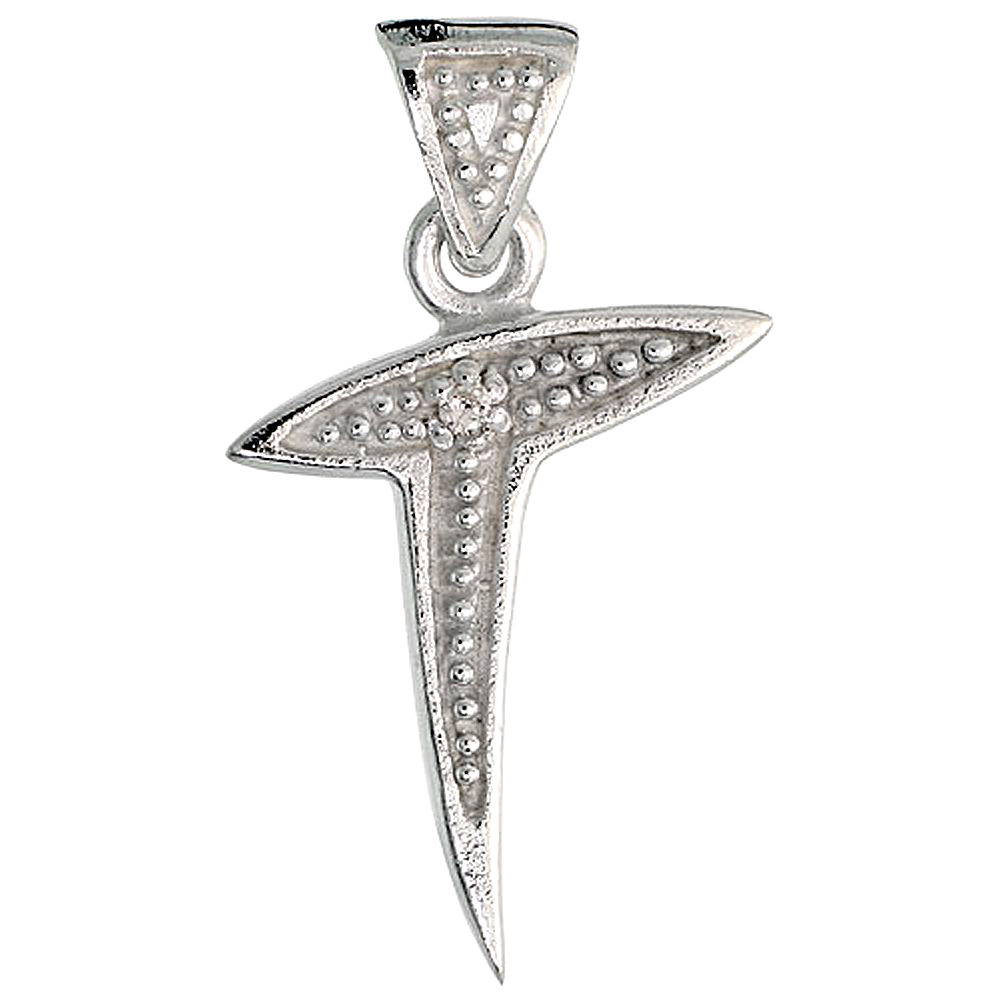 Sterling Silver Fancy Initial Letter T Initial Pendant CZ Stone 3/4 inch high