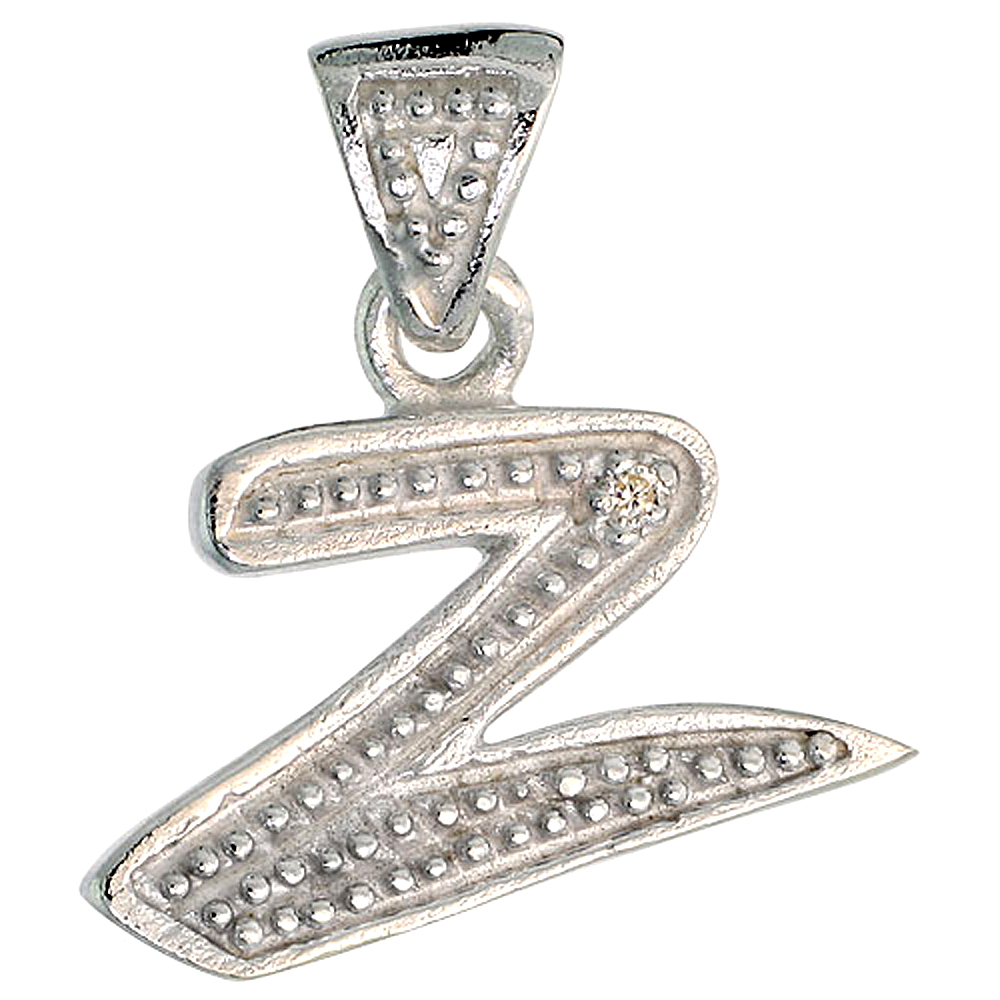 Sterling Silver Fancy Initial Letter Z Initial Pendant CZ Stone 3/4 inch high