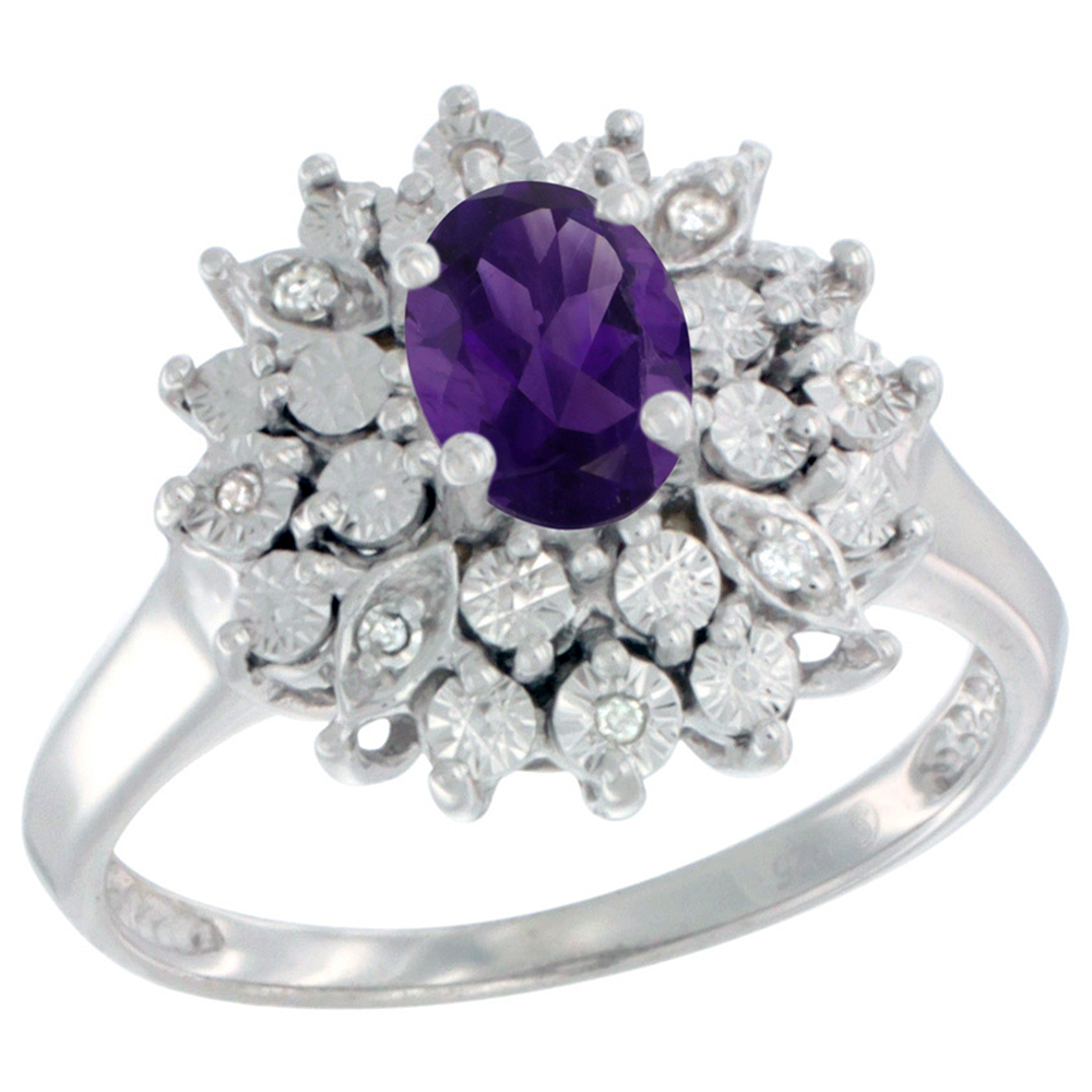 Sterling Silver Natural Amethyst Ring Oval 6x4, Diamond Accent, sizes 5 - 10