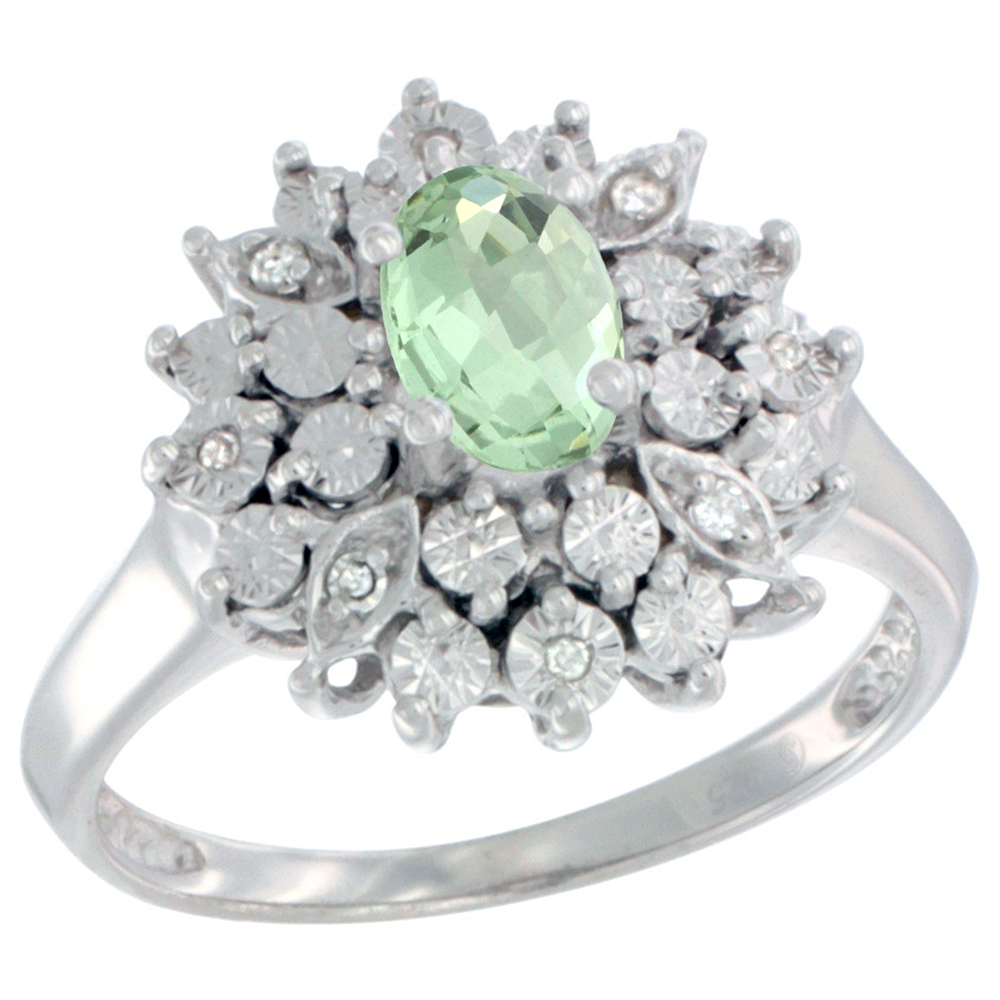 Sterling Silver Natural Green Amethyst Ring Oval 6x4, Diamond Accent, sizes 5 - 10