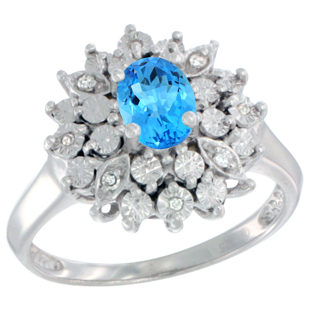 Sterling Silver Natural Swiss Blue Topaz Ring Oval 6x4, Diamond Accent, sizes 5 - 10