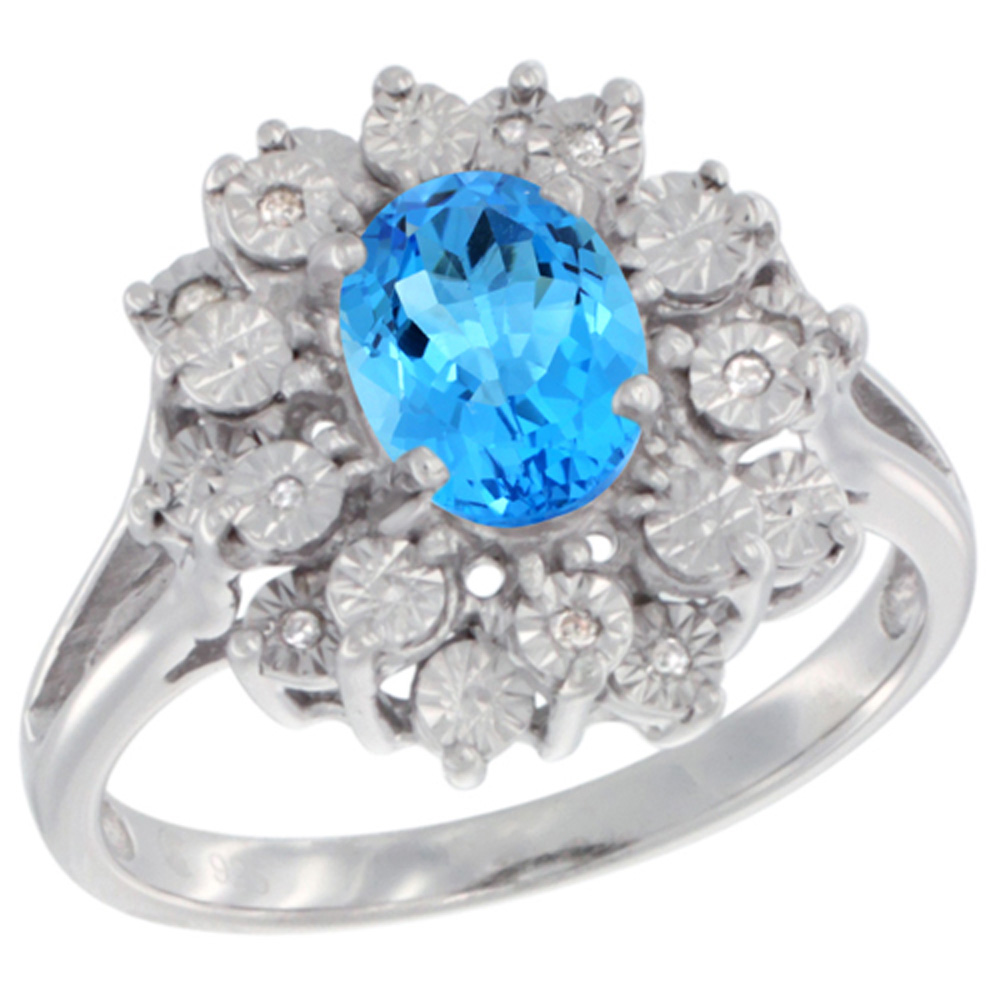 Sterling Silver Natural Swiss Blue Topaz Ring Oval 8x6, Diamond Accent, sizes 5 - 10