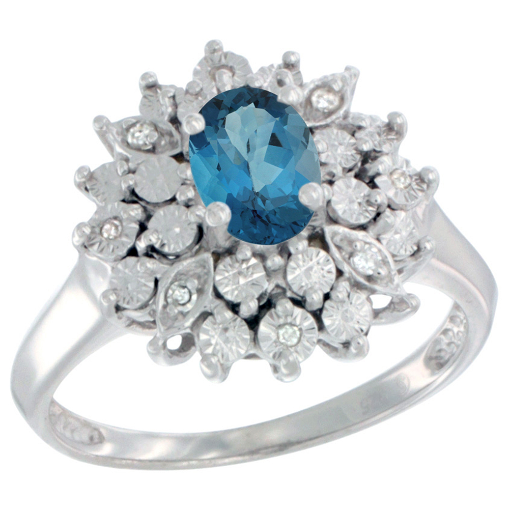 Sterling Silver Natural London Blue Topaz Ring Oval 6x4, Diamond Accent, sizes 5 - 10