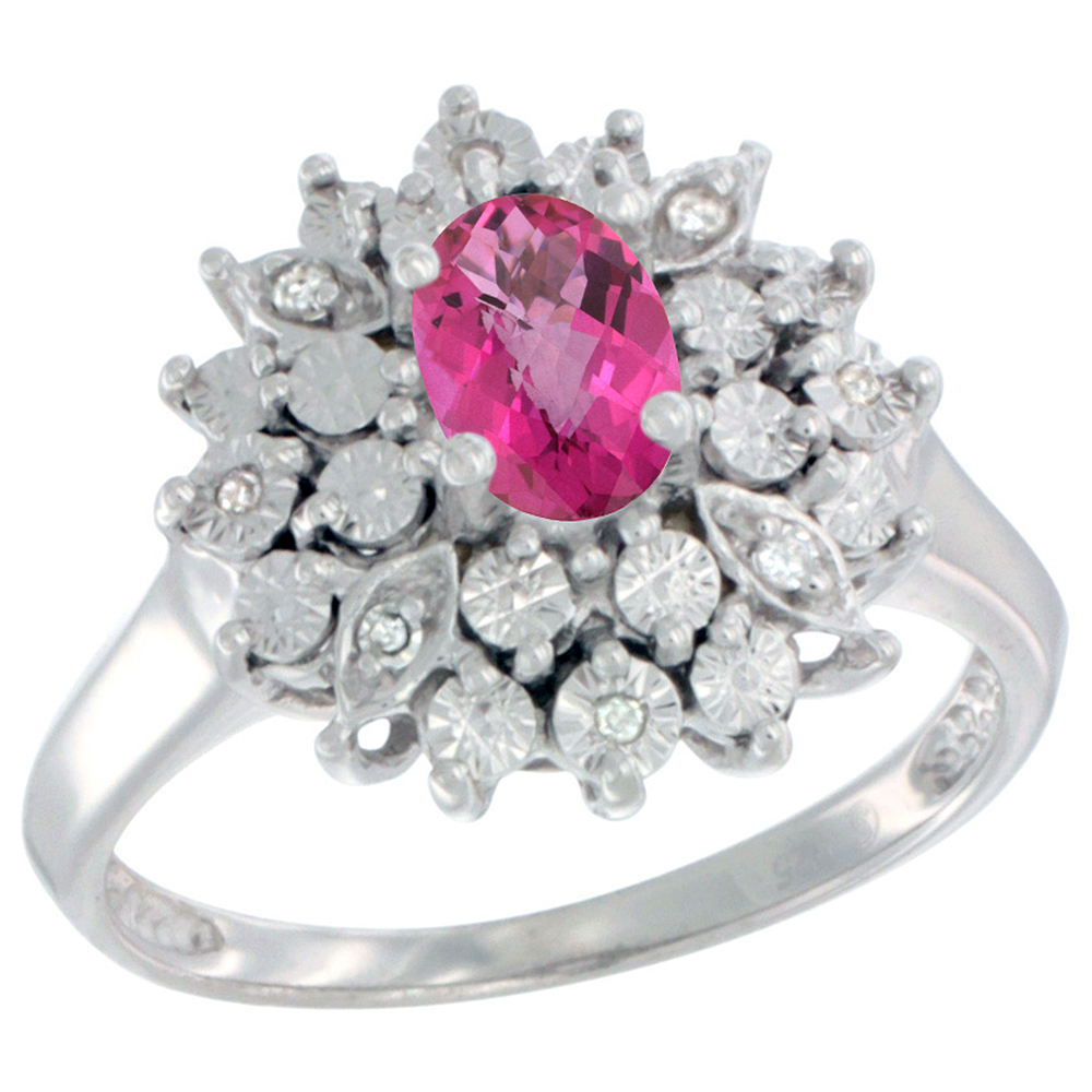 Sterling Silver Natural Pink Topaz Ring Oval 6x4, Diamond Accent, sizes 5 - 10
