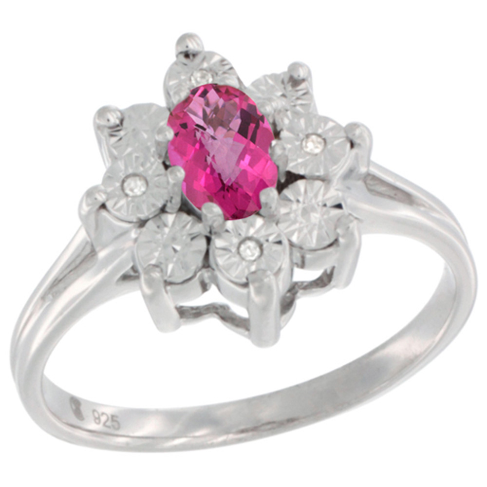 Sterling Silver Natural Pink Topaz Ring Oval 6x4, Diamond Accent, sizes 5 - 10