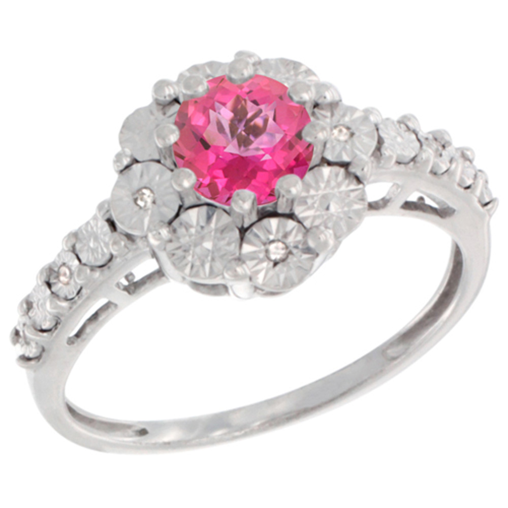 Sterling Silver Natural Pink Topaz Ring Round 5x5, Diamond Accent, sizes 5 - 10