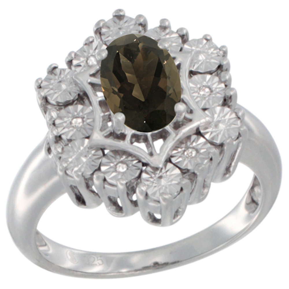 Sterling Silver Natural Smoky Topaz Ring 7x5 Oval Illusion Diamonds Rhodium finish, sizes 5 - 10
