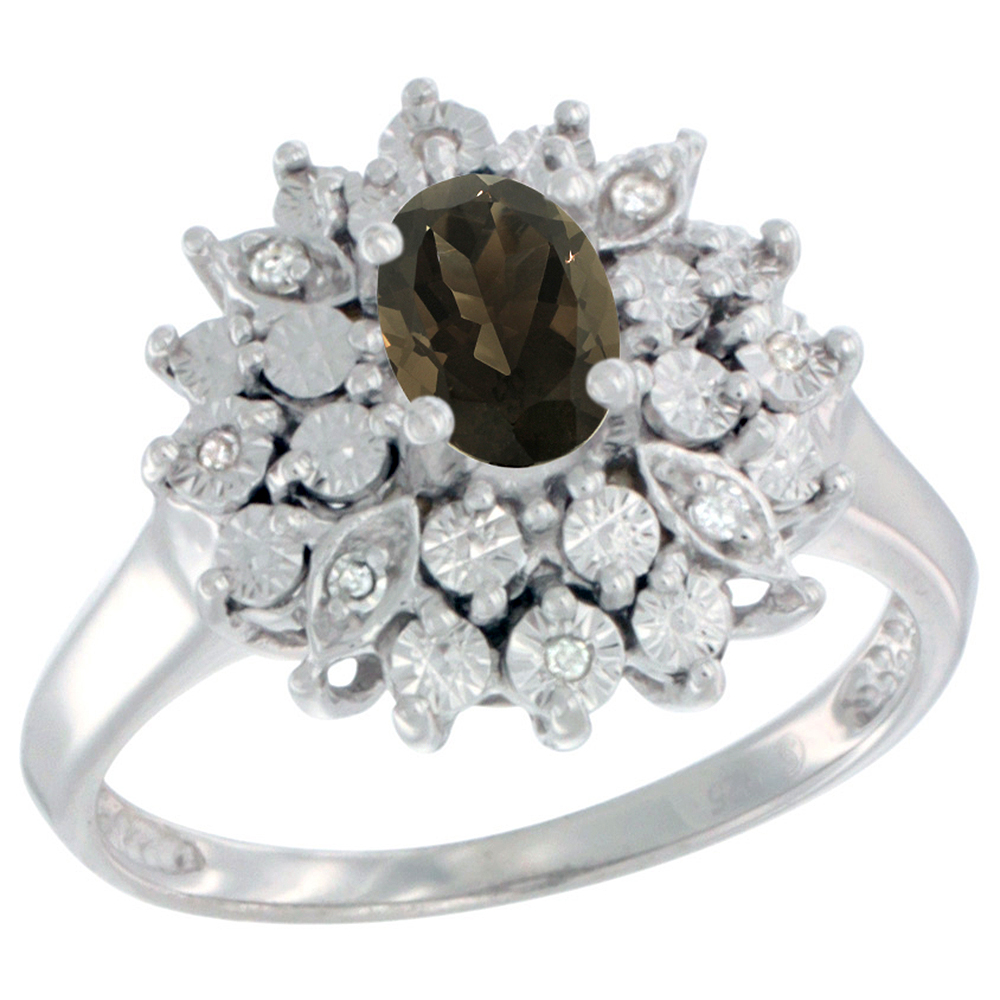 Sterling Silver Natural Smoky Topaz Ring Oval 6x4, Diamond Accent, sizes 5 - 10