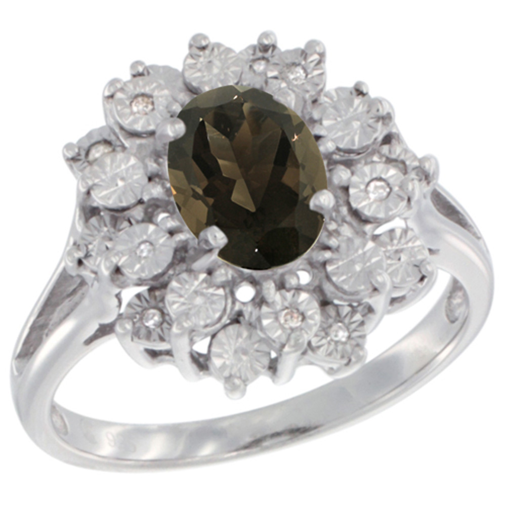 Sterling Silver Natural Smoky Topaz Ring Oval 8x6, Diamond Accent, sizes 5 - 10