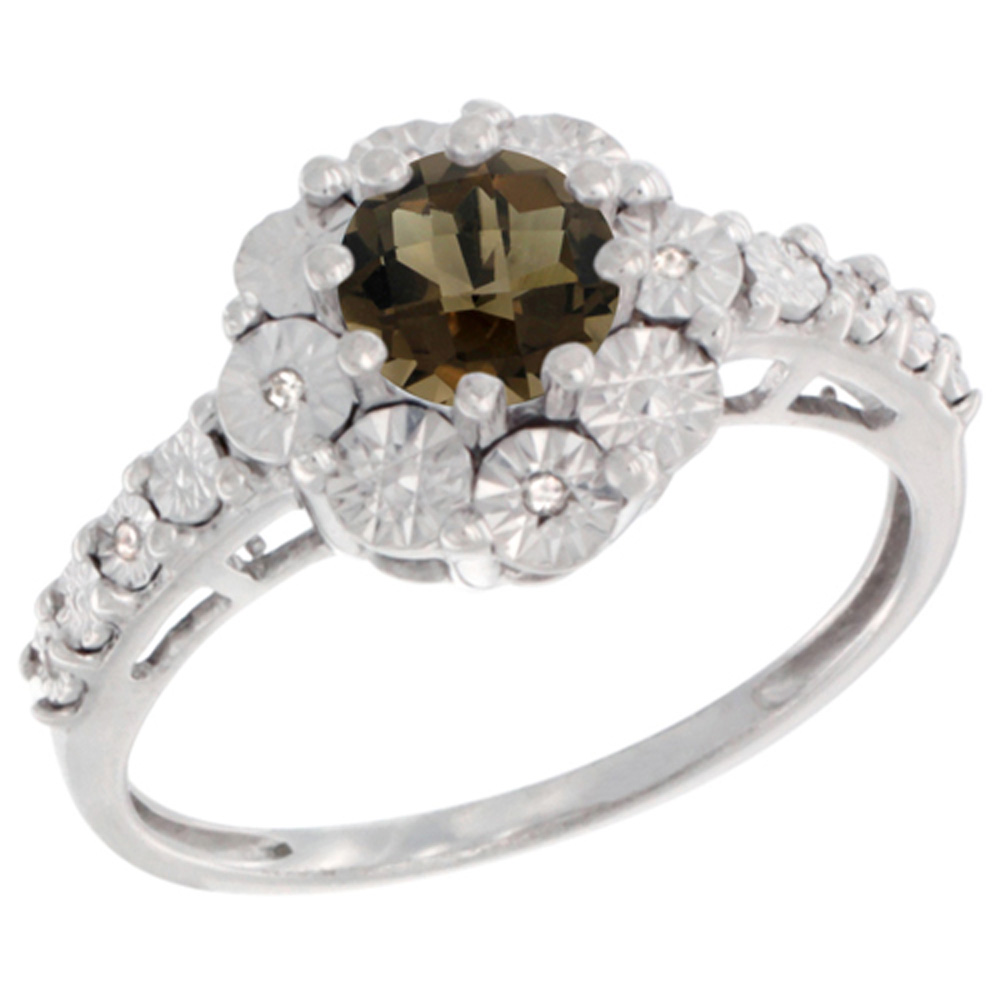 Sterling Silver Natural Smoky Topaz Ring Round 5x5, Diamond Accent, sizes 5 - 10