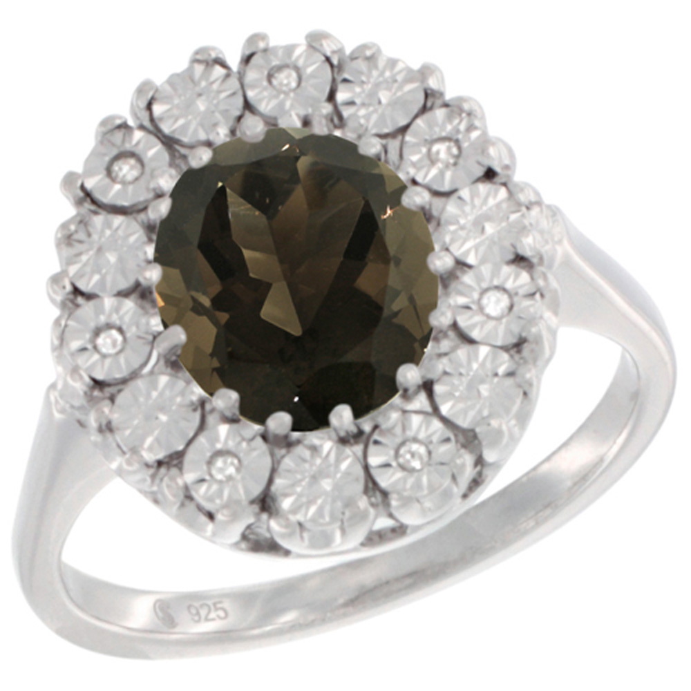 Sterling Silver Natural Smoky Topaz Ring Oval 9x7, Diamond Accent, sizes 5 - 10