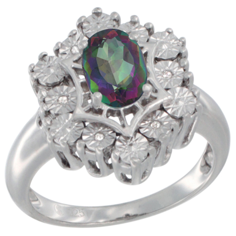 Sterling Silver Natural Mystic Topaz Ring 7x5 Oval Illusion Diamonds Rhodium finish, sizes 5 - 10