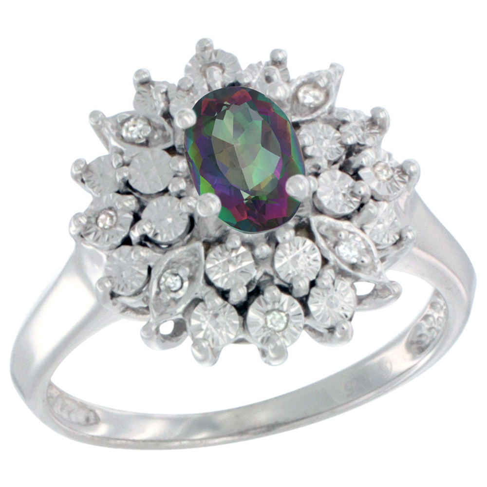 Sterling Silver Natural Mystic Topaz Ring Oval 6x4, Diamond Accent, sizes 5 - 10