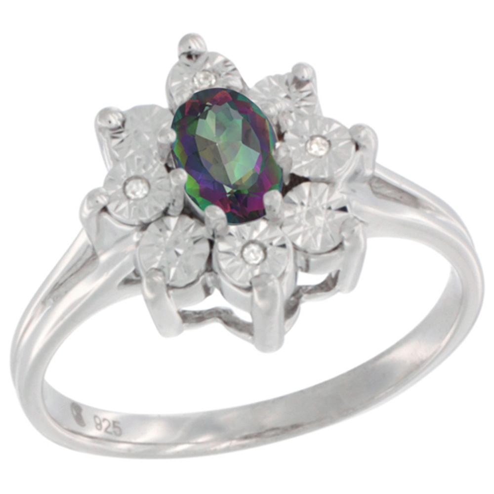 Sterling Silver Natural Mystic Topaz Ring Oval 6x4, Diamond Accent, sizes 5 - 10