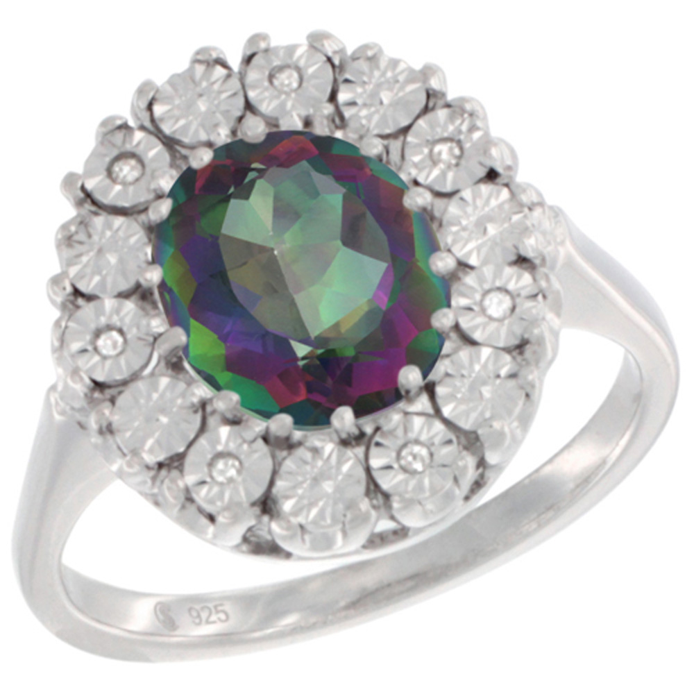 Sterling Silver Natural Mystic Topaz Ring Oval 9x7, Diamond Accent, sizes 5 - 10