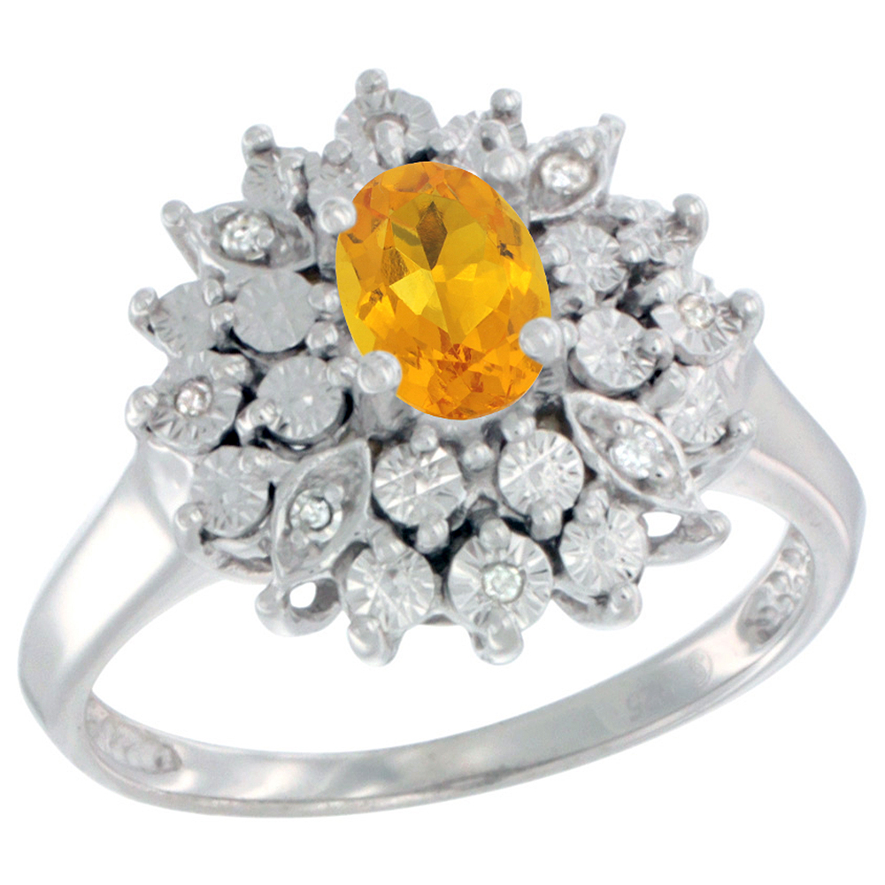 Sterling Silver Natural Citrine Ring Oval 6x4, Diamond Accent, sizes 5 - 10