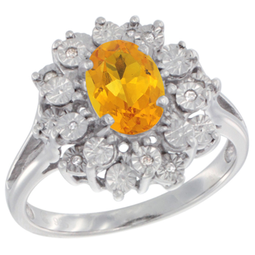 Sterling Silver Natural Citrine Ring Oval 8x6, Diamond Accent, sizes 5 - 10