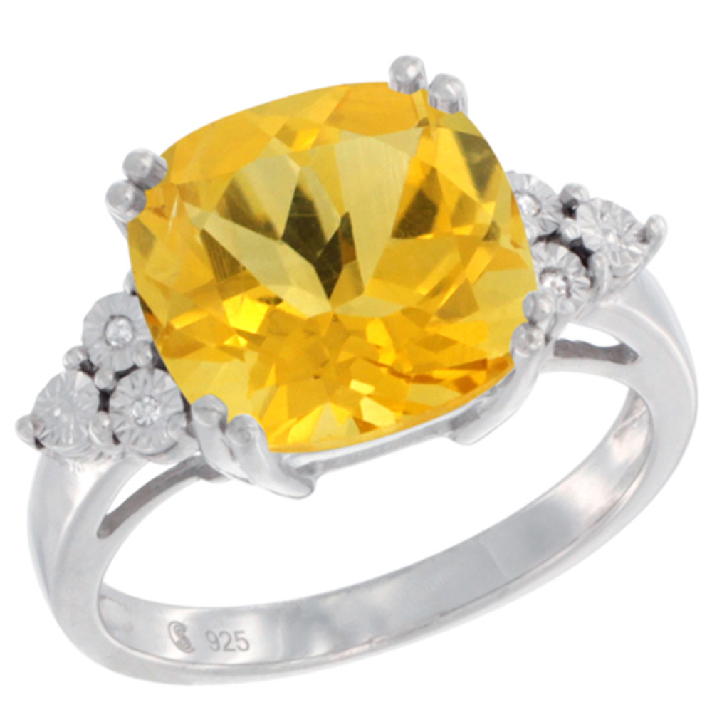 Sterling Silver Natural Citrine Ring Cushion cut 11x11, Diamond Accent, sizes 5 - 10