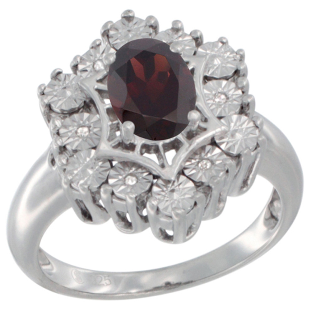 Sterling Silver Natural Garnet Ring 7x5 Oval Illusion Diamonds Rhodium finish, sizes 5 - 10