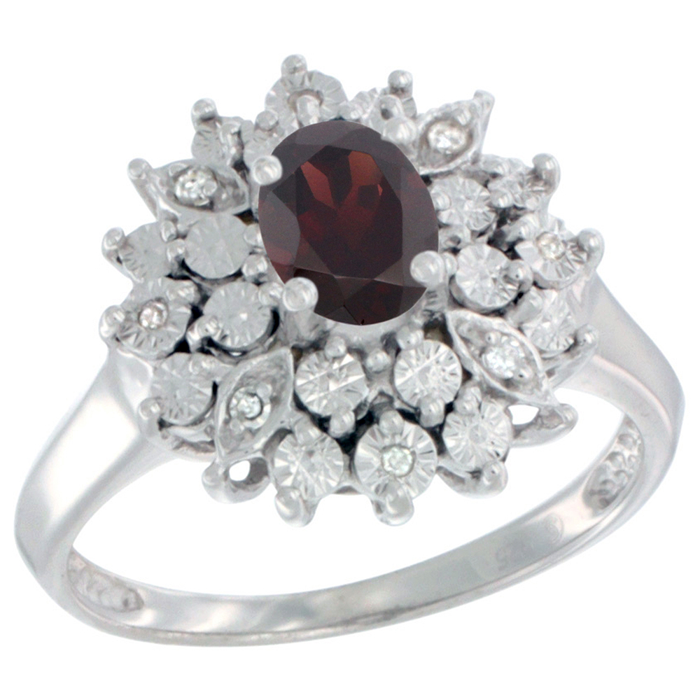 Sterling Silver Natural Garnet Ring Oval 6x4, Diamond Accent, sizes 5 - 10