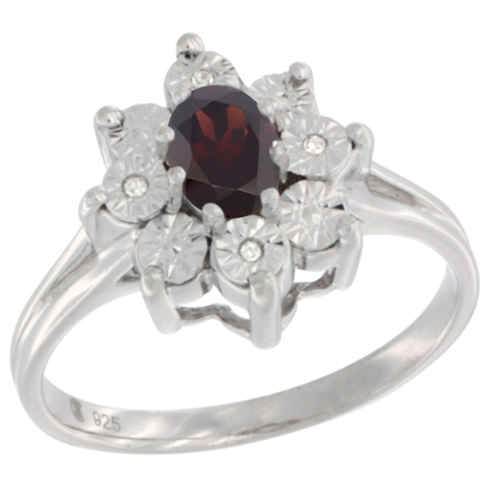 Sterling Silver Natural Garnet Ring Oval 6x4, Diamond Accent, sizes 5 - 10