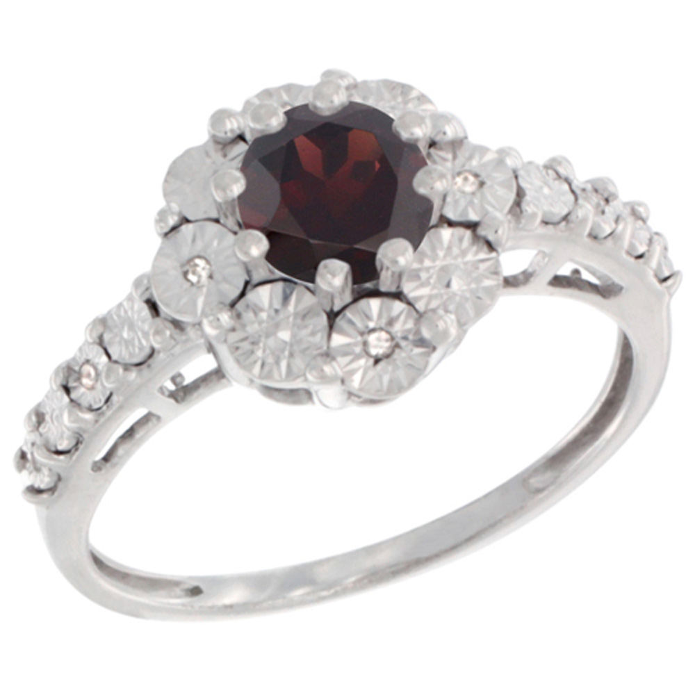 Sterling Silver Natural Garnet Ring Round 5x5, Diamond Accent, sizes 5 - 10