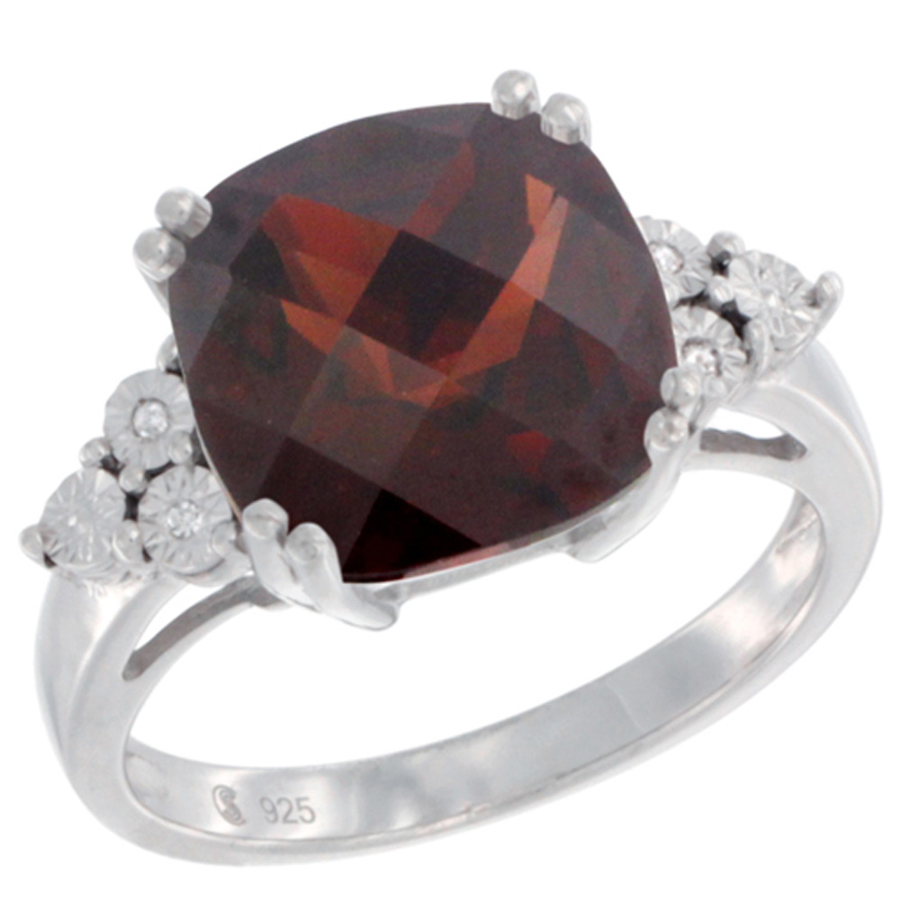Sterling Silver Natural Garnet Ring Cushion cut 11x11, Diamond Accent, sizes 5 - 10