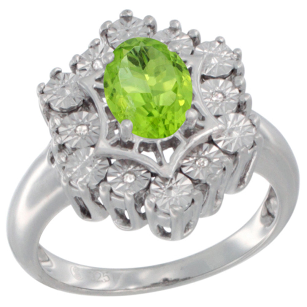Sterling Silver Natural Peridot Ring 7x5 Oval Illusion Diamonds Rhodium finish, sizes 5 - 10