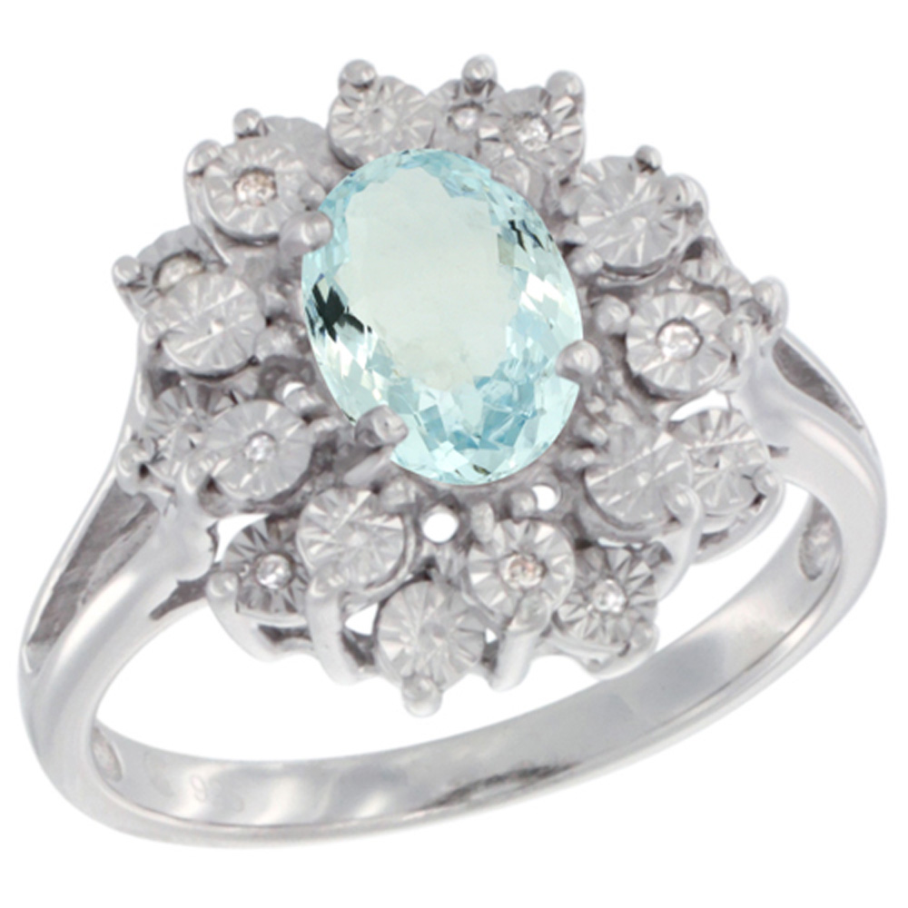 Sterling Silver Natural Aquamarine Ring Oval 8x6, Diamond Accent, sizes 5 - 10
